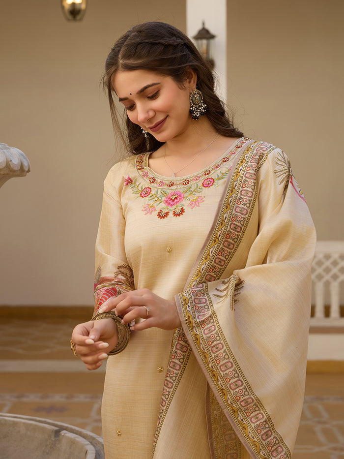 Cream Assam Silk Embroidered Suit Set