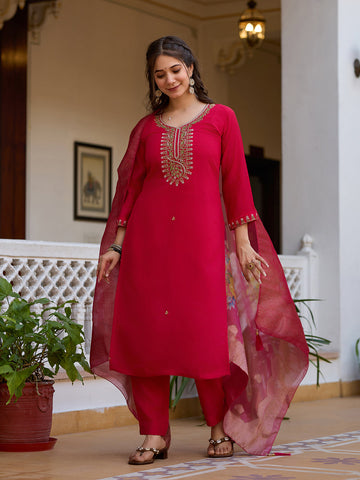Rani Pink Embroidered Chanderi Suit Set