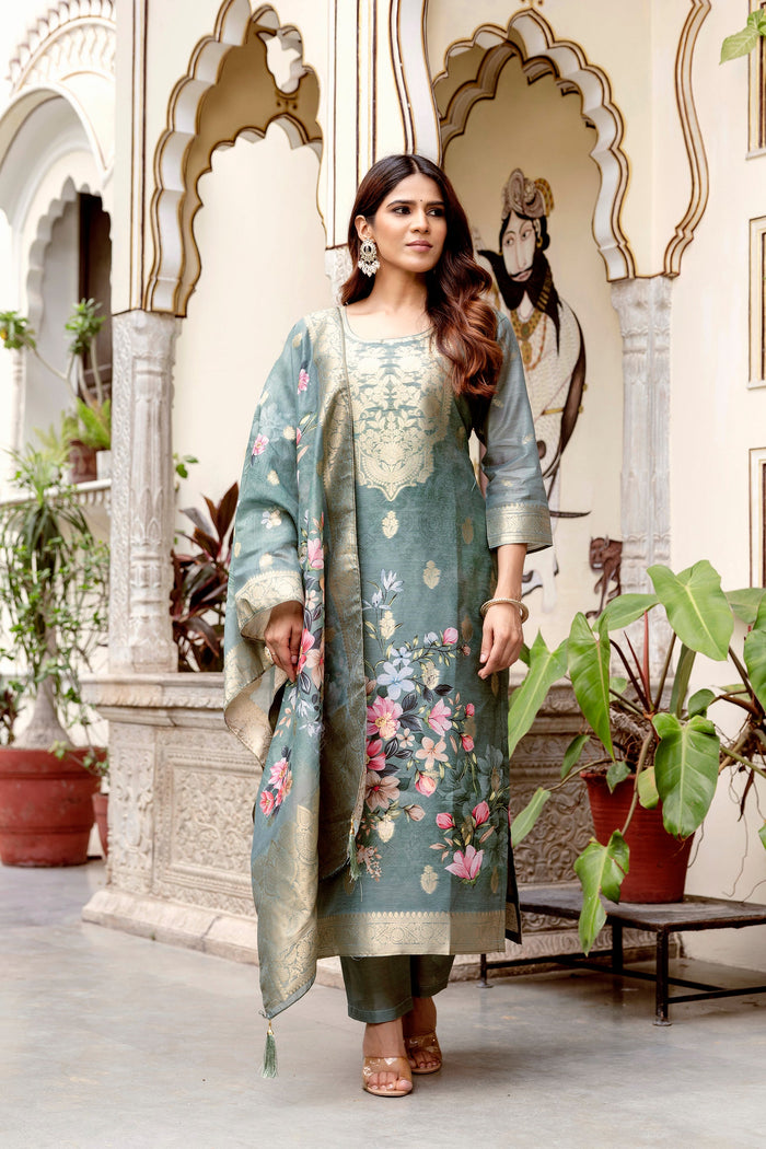 Grey Printed Chanderi Cotton Suit Set