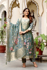 Grey Chanderi Cotton Printed Suit Set