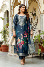 Navy Blue Printed Chanderi Cotton Suit Set