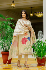 Cream Floral Embroidered Assam Silk Suit Set
