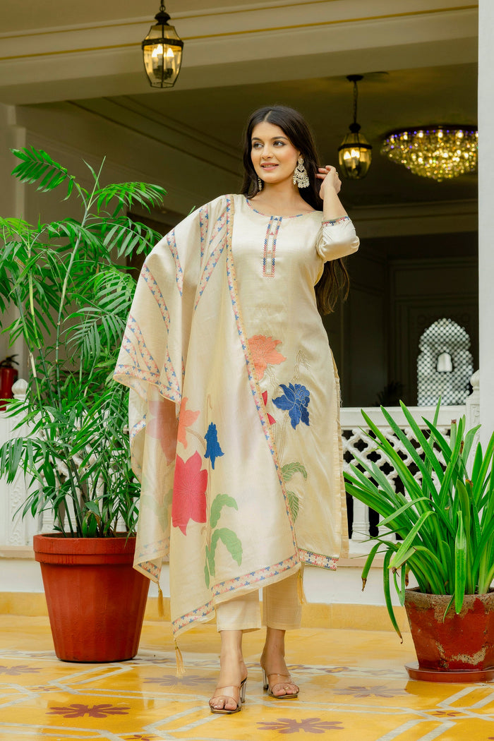 Cream Floral Embroidered Assam Silk Suit Set