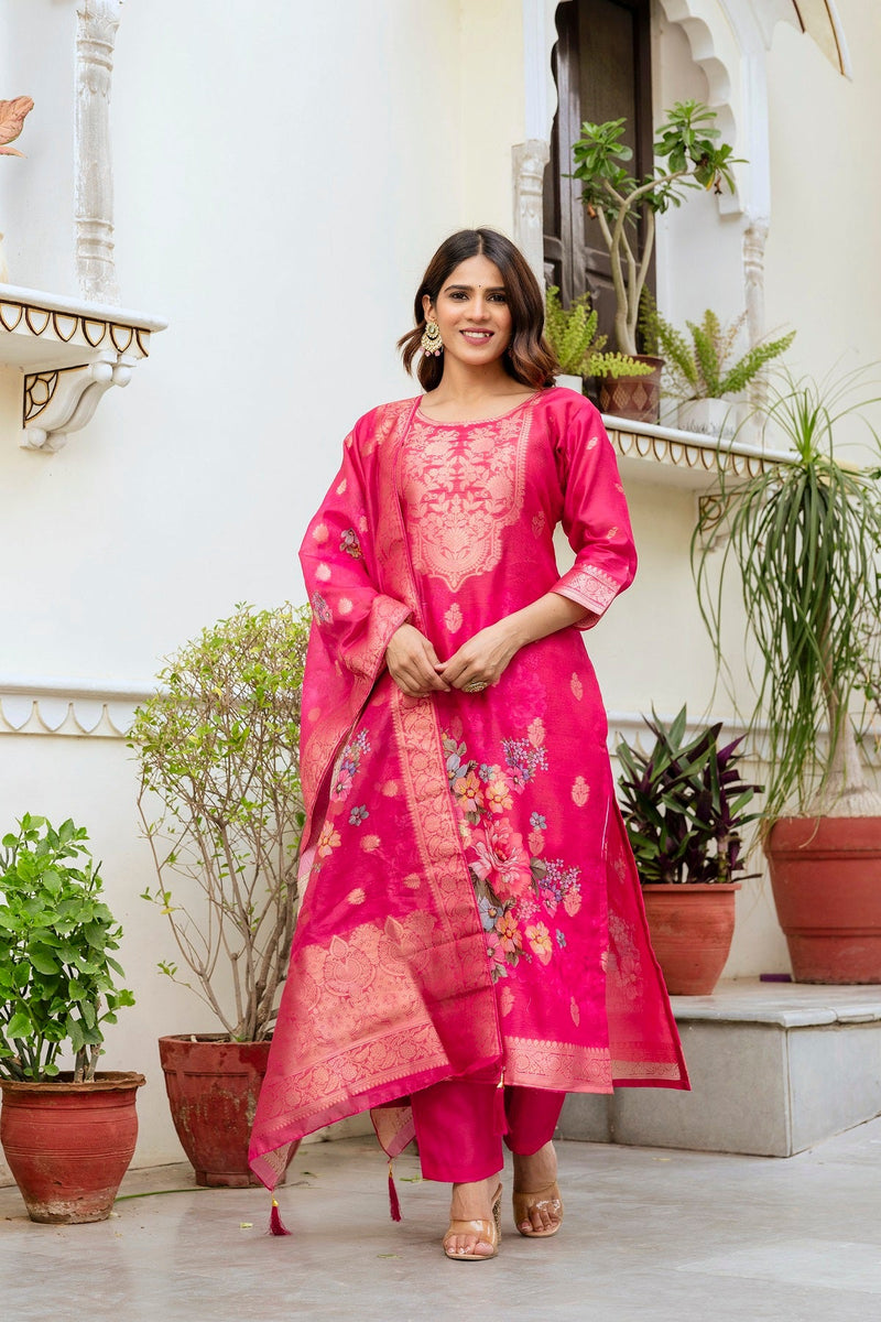 Printed Chanderi Cotton Outfit with Traditional Weave Pattern