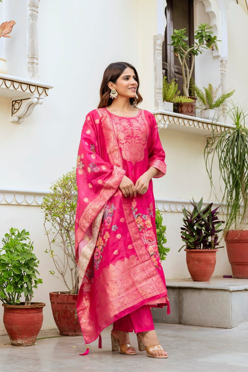Printed Chanderi Cotton Outfit with Traditional Weave Pattern