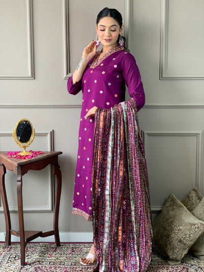 Elegant Purple Embroidered Kurta Pant Set