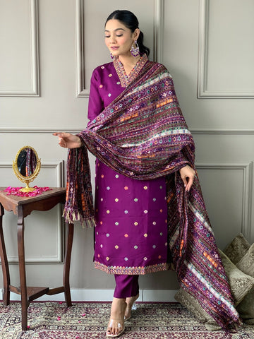 Elegant Purple Embroidered Kurta Pant Set