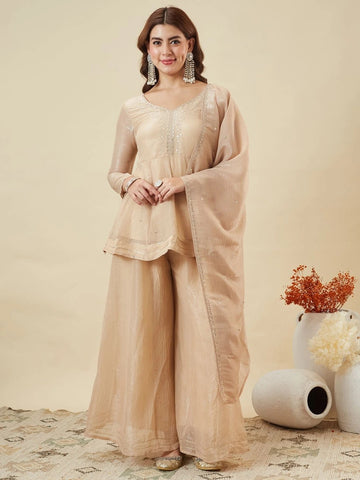 Cream Crunchy Silk Embroidered Sharara Set