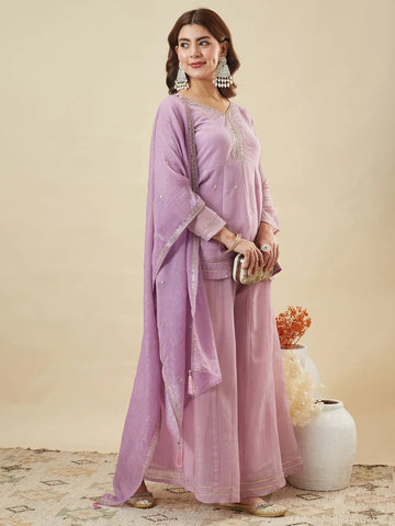 Lavander Crunchy Silk Embroidered Sharara Set