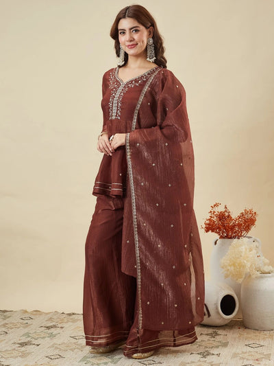 Maroon Crunchy Silk Embroidered Sharara Set