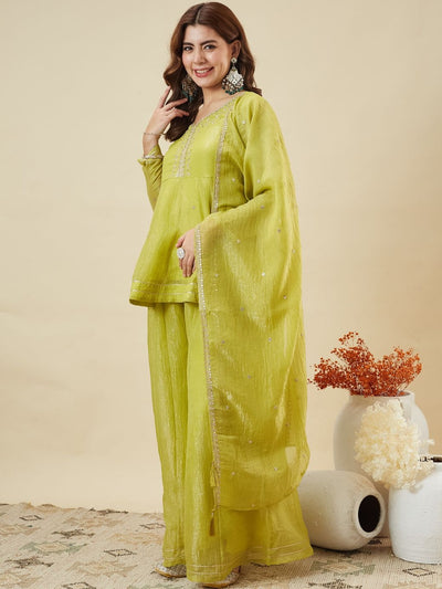 Lemon Yellow Crunchy Silk Embroidered Sharara Set