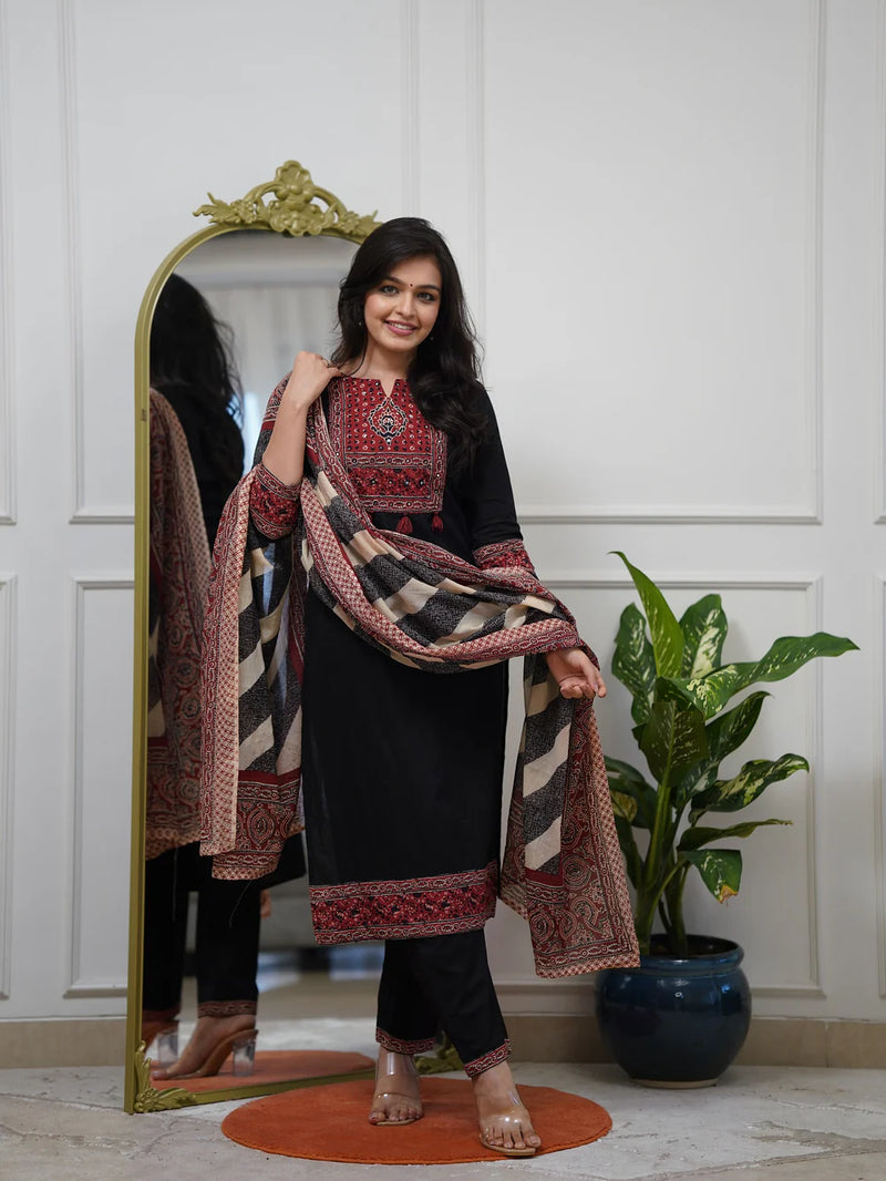 Elegant Black Printed Kurta Pant Set with Designer Dupatta
