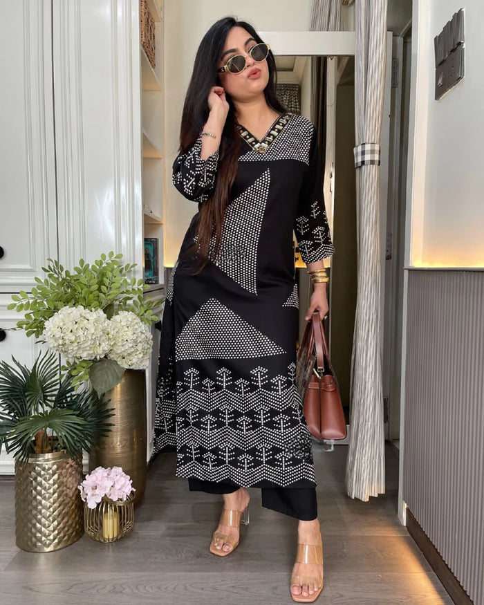 Mustard Cotton Black V-Neck Printed Kurta Pant Set for Women
