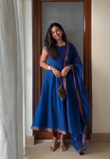 Classic Narayanpet Blue Anarkali Suit Set