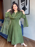 Elegant Green Pure Mul Cotton Embroidered Suit Set