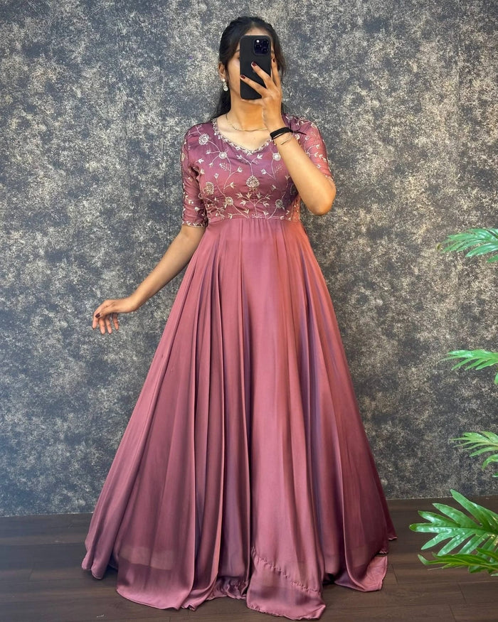 Onion Embroidered Vichitra Anarkali Set