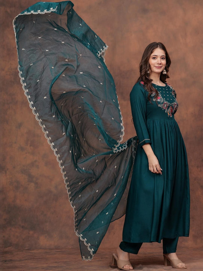Green Petaline Bloom Rayon Suit Set