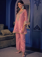 Peach Handwork Silk Crepe Pant Set