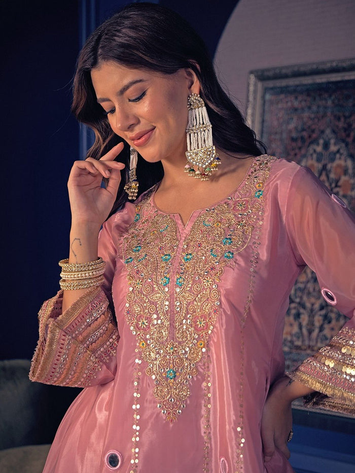 Peach Handwork Silk Crepe Pant Set