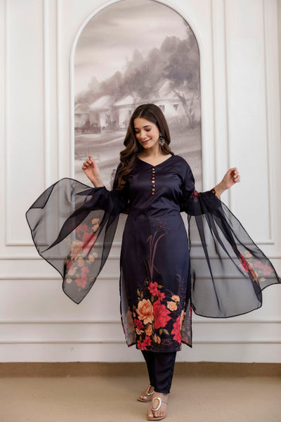 Black Floral Printed A-Line Kurta Set