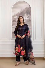 Black Floral Printed A-Line Kurta Set