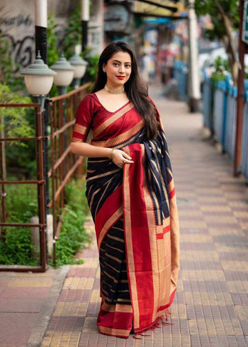 Soft silk saree, striped design n tassled pallu, running blouse