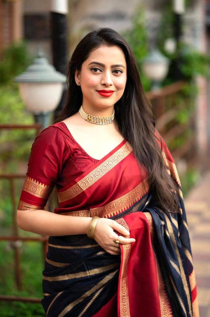Soft silk saree, striped design n tassled pallu, running blouse