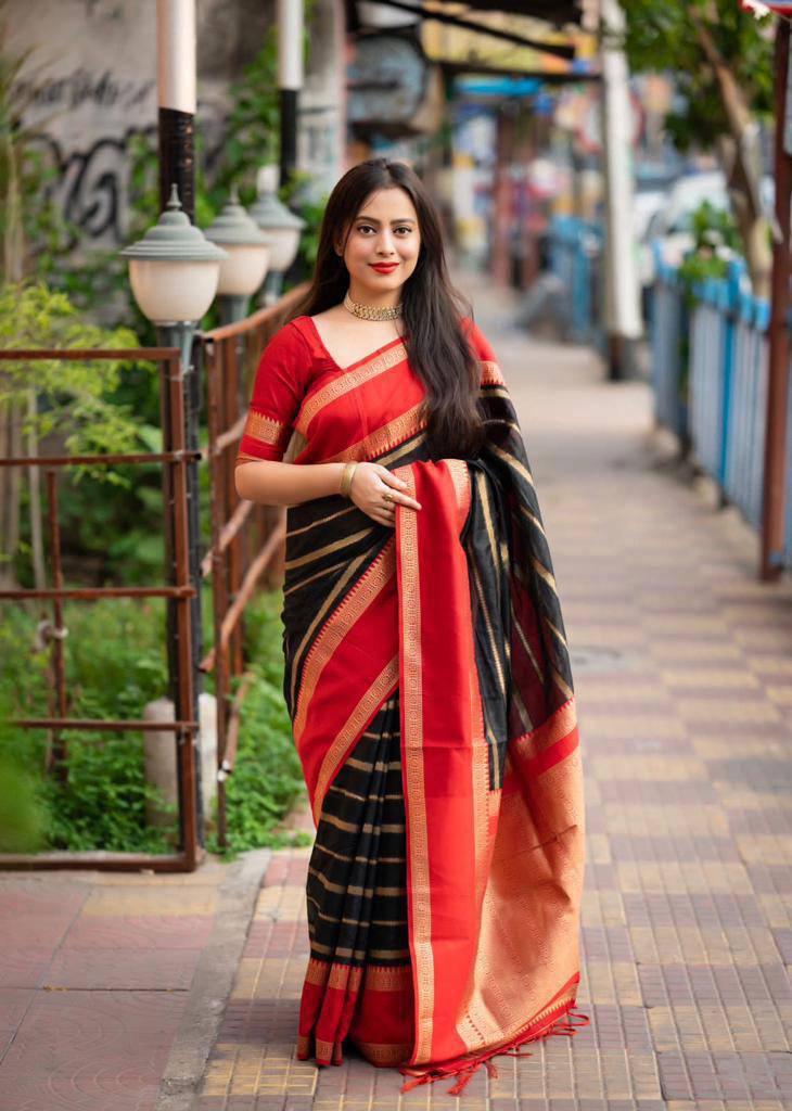 Soft silk saree, striped design n tassled pallu, running blouse - Ibis Fab