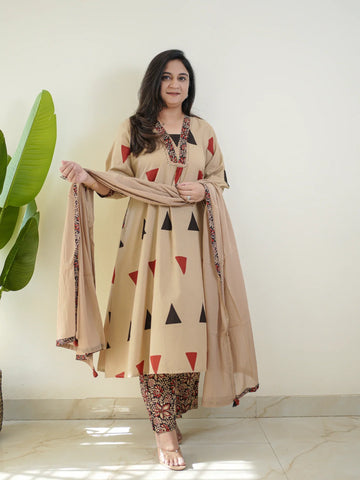 Pure Cotton Kalamkari A-Line Suit with Palazzo & Dupatta
