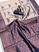 Peach & Navy Blue Dual-Tone Jacquard Silk Saree with Elegant Woven Design