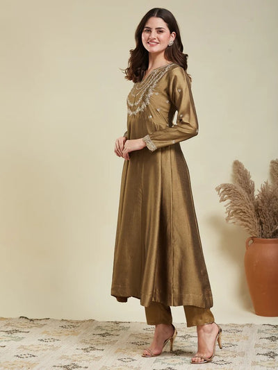 Gold Embroidered Vichitra Silk Sharara Suit Set