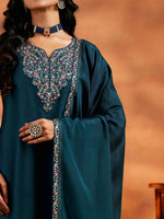 Teal Blue Embroidered Vichitra Suit Set