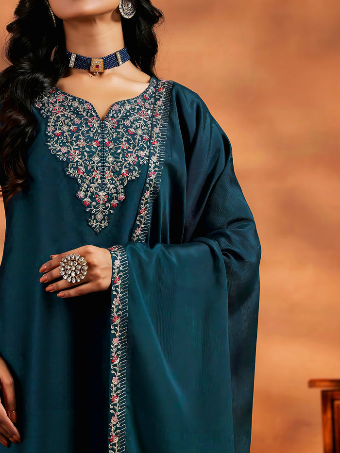 Teal Blue Embroidered Vichitra Suit Set