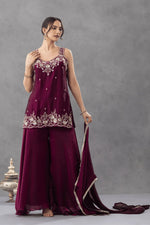 Wine Embroidered Sharara Set