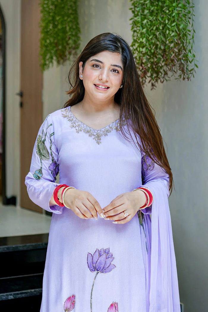 Lavender Chinon Flared Kurta Set for Women