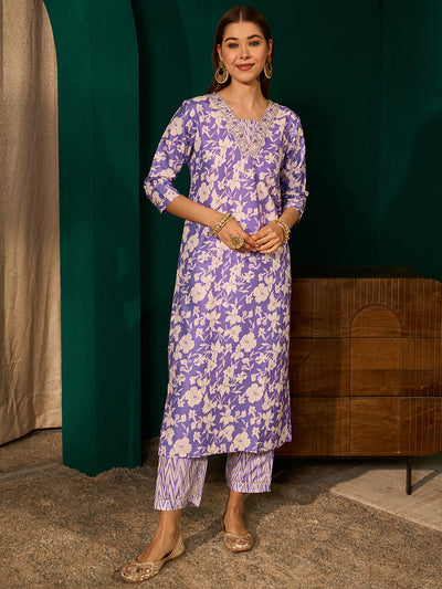 Lavender Rayon Embroidered Kurta Set