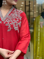 Red Embroidered Viscose Chanderi Kurta Set
