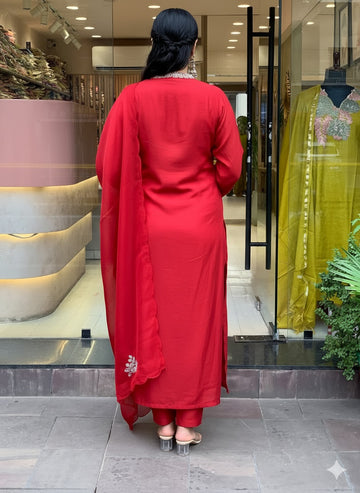Red Embroidered Chanderi Suit Set