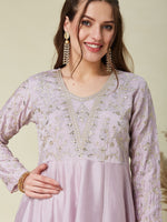 Pink Embroidered Vichitra Silk Flared Kurta Set