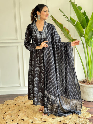 Black Pure Cotton Block Print Suit Set with Chanderi Dupatta