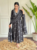 Black Pure Cotton Block Print Suit Set with Chanderi Dupatta