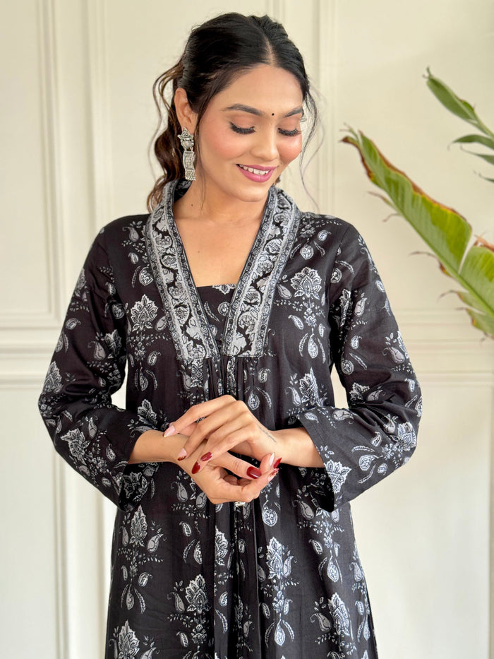 Black Pure Cotton Block Print Suit Set with Chanderi Dupatta