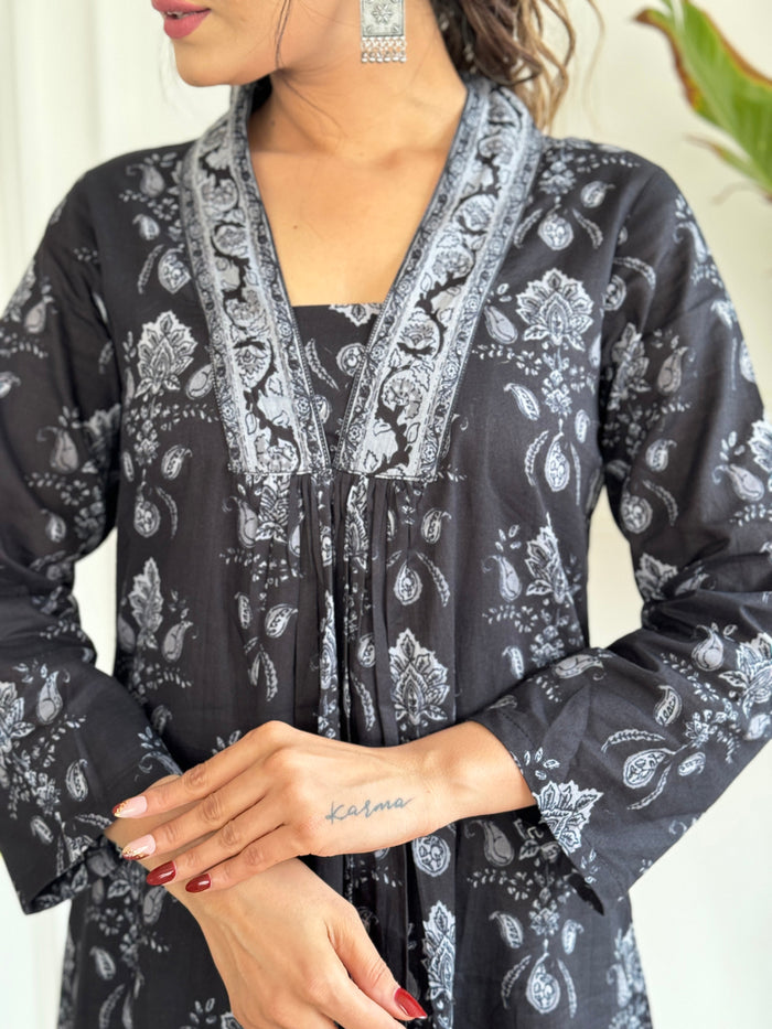 Black Pure Cotton Block Print Suit Set with Chanderi Dupatta