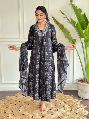 Black Pure Cotton Block Print Suit Set with Chanderi Dupatta