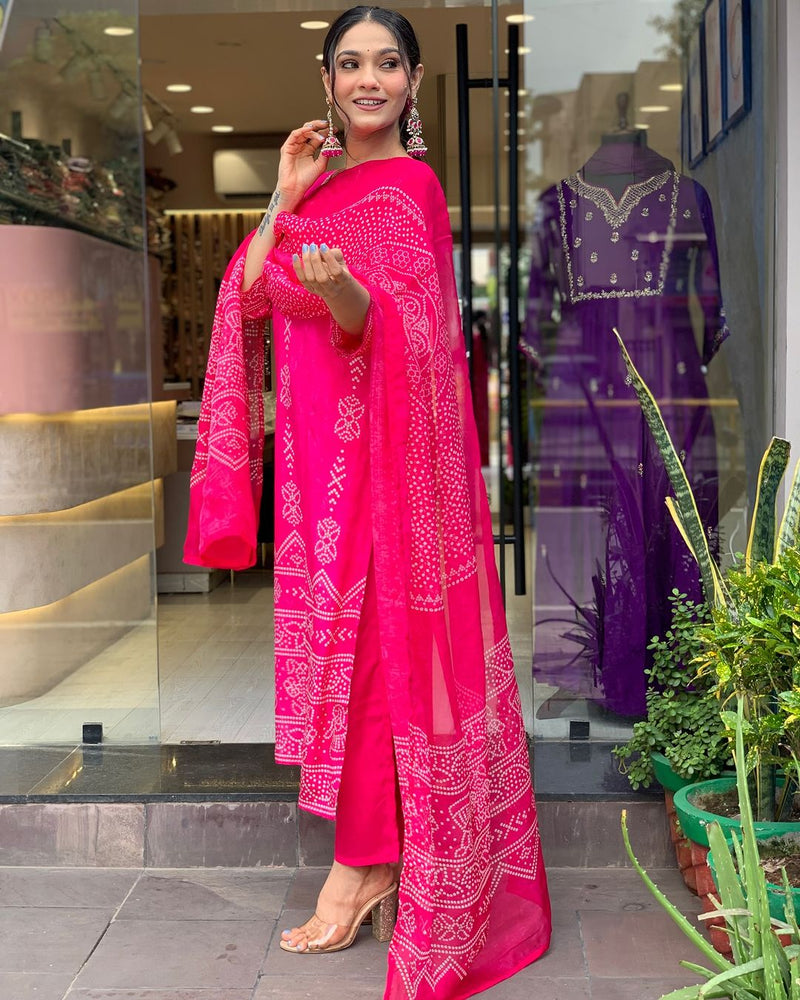 Pink Printed French Crepe Suit Set