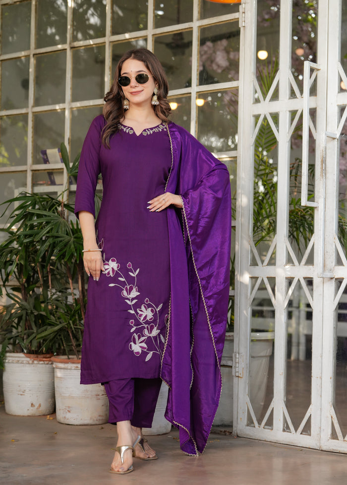 Elegant Purple Embroidered Kurta Pant Set with Dupatta