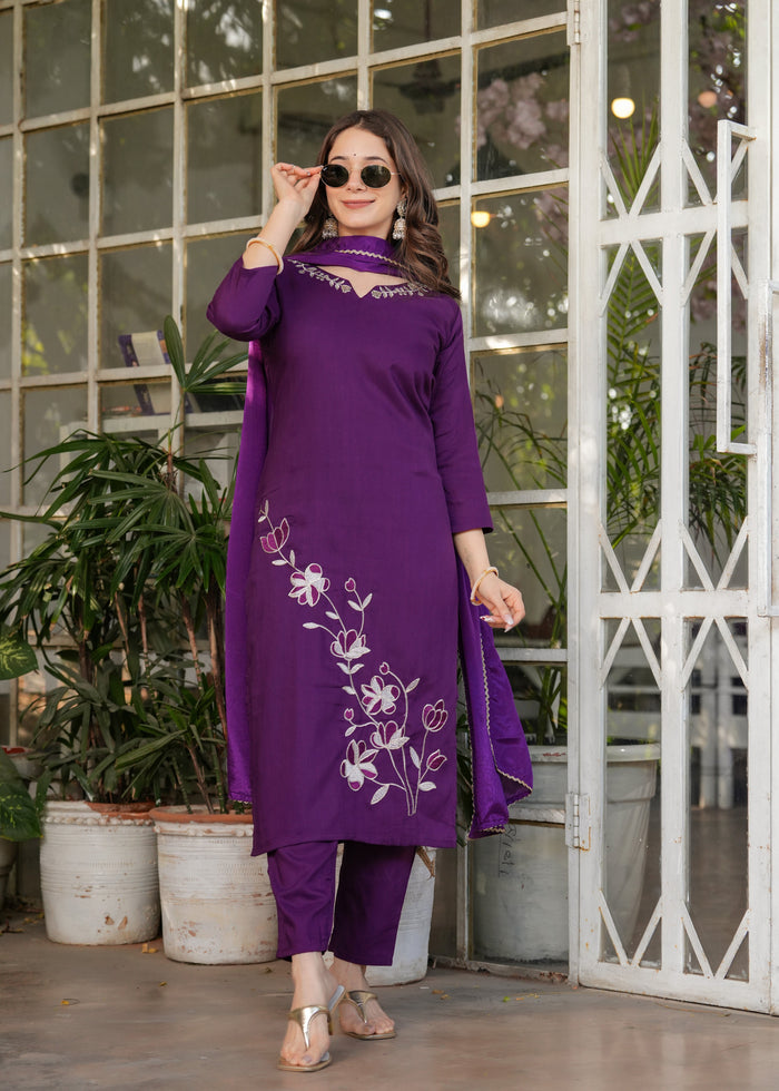 Elegant Purple Embroidered Kurta Pant Set with Dupatta