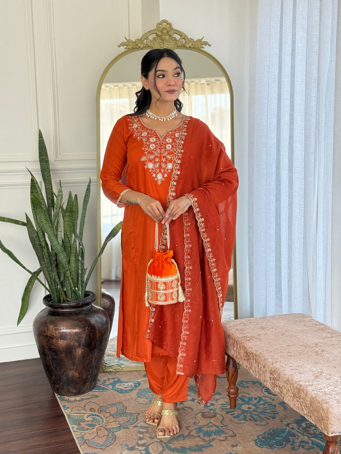 Elegant Rust Orange Embroidered Kurta Pant Set