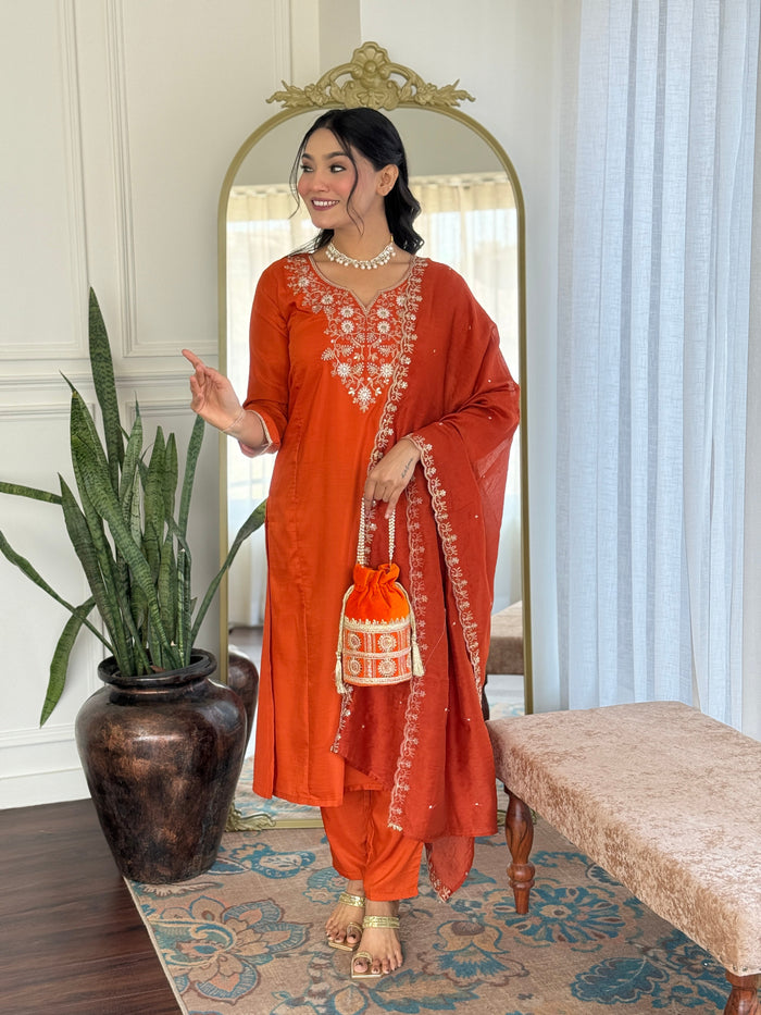 Elegant Rust Orange Embroidered Kurta Pant Set