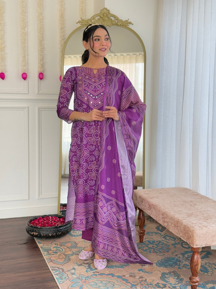 Elegant Purple Printed Kurta Pant Set